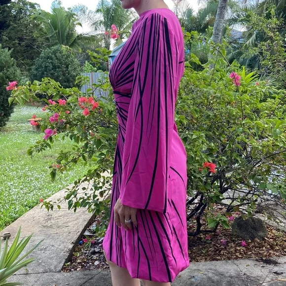 Vintage Pink Black Stripe Long Trumpet Boat Neck Sleeve Knee Length Dress! - Picture 5 of 12